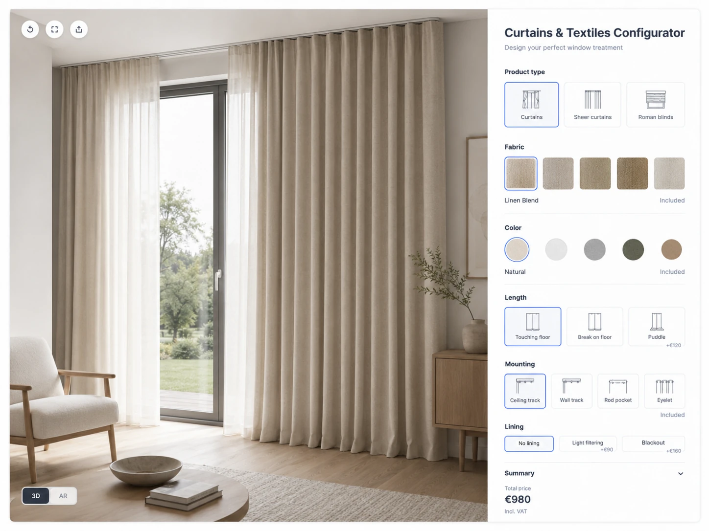 ConfigUX curtains and textiles configurator concept with style, textile, colour, track and dimensions