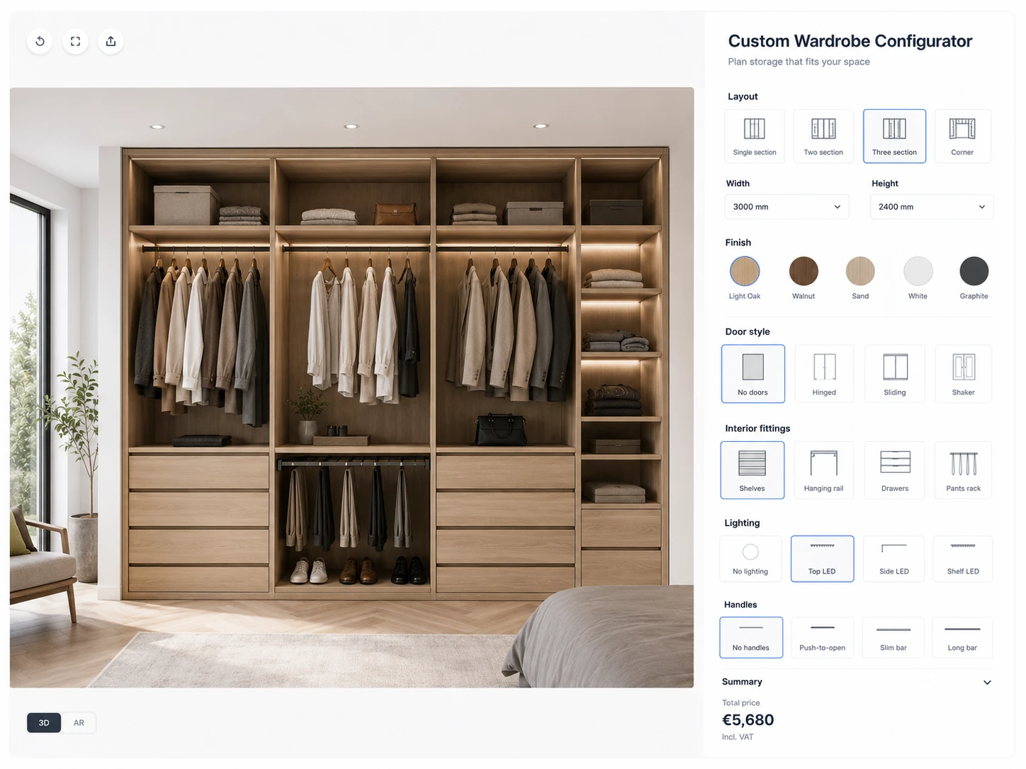 Wardrobe configurator concept for furniture and interior products