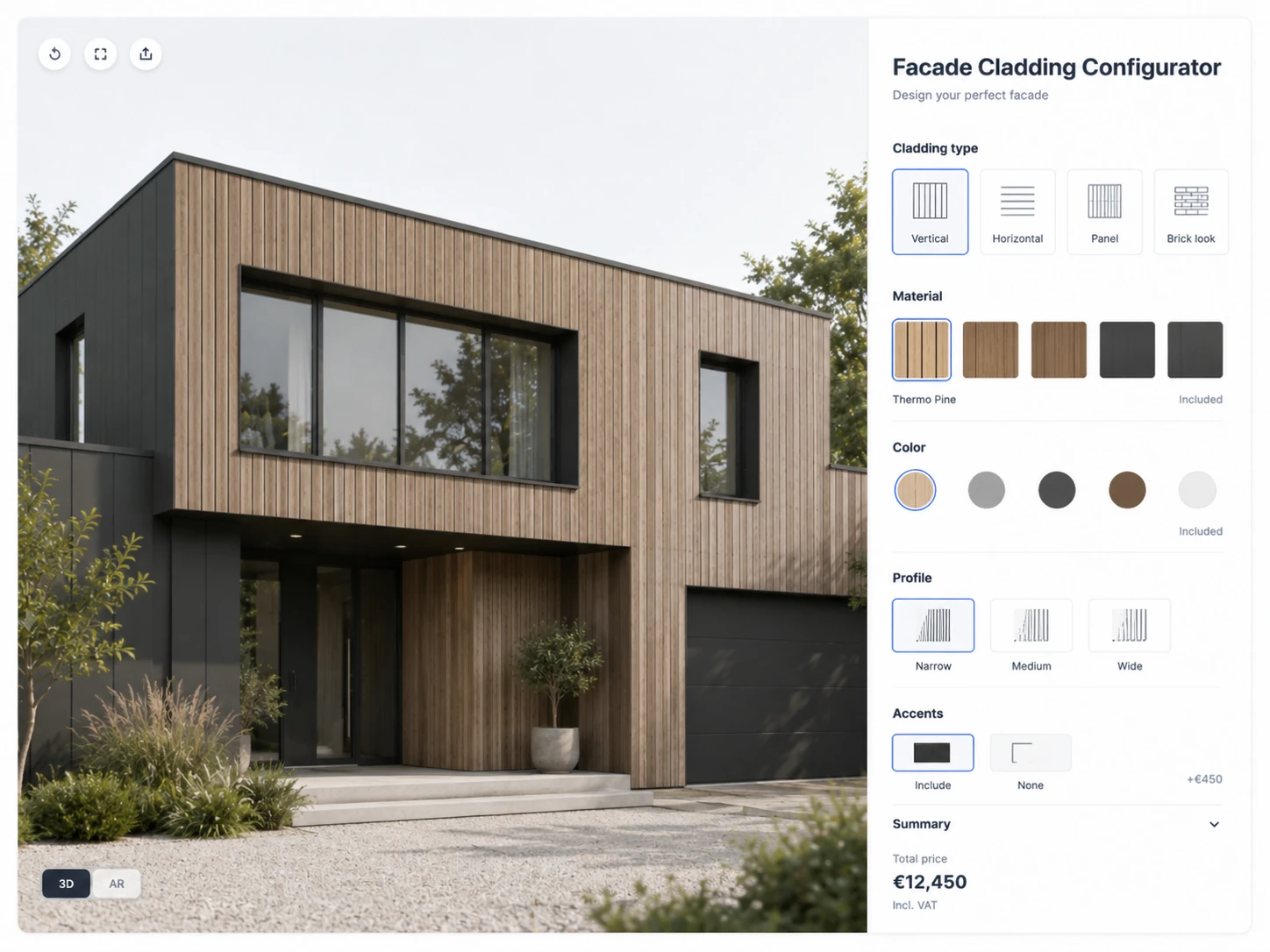 ConfigUX facade cladding configurator concept with profile, material, colour and details