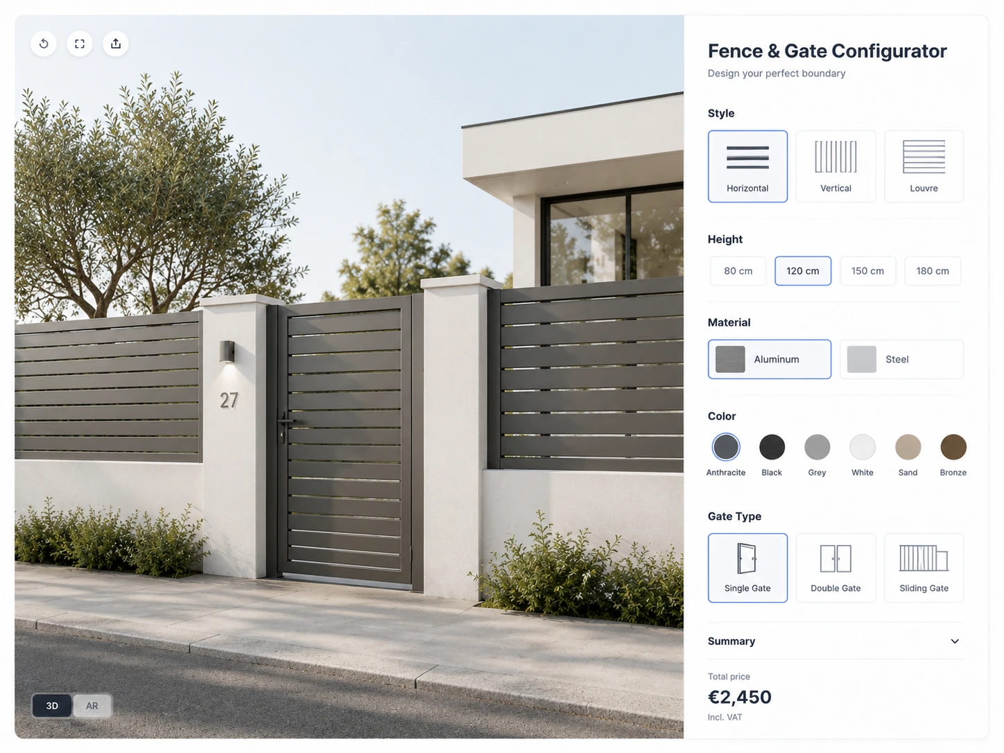 ConfigUX fences and gates configurator concept with style, height, colour, posts and access