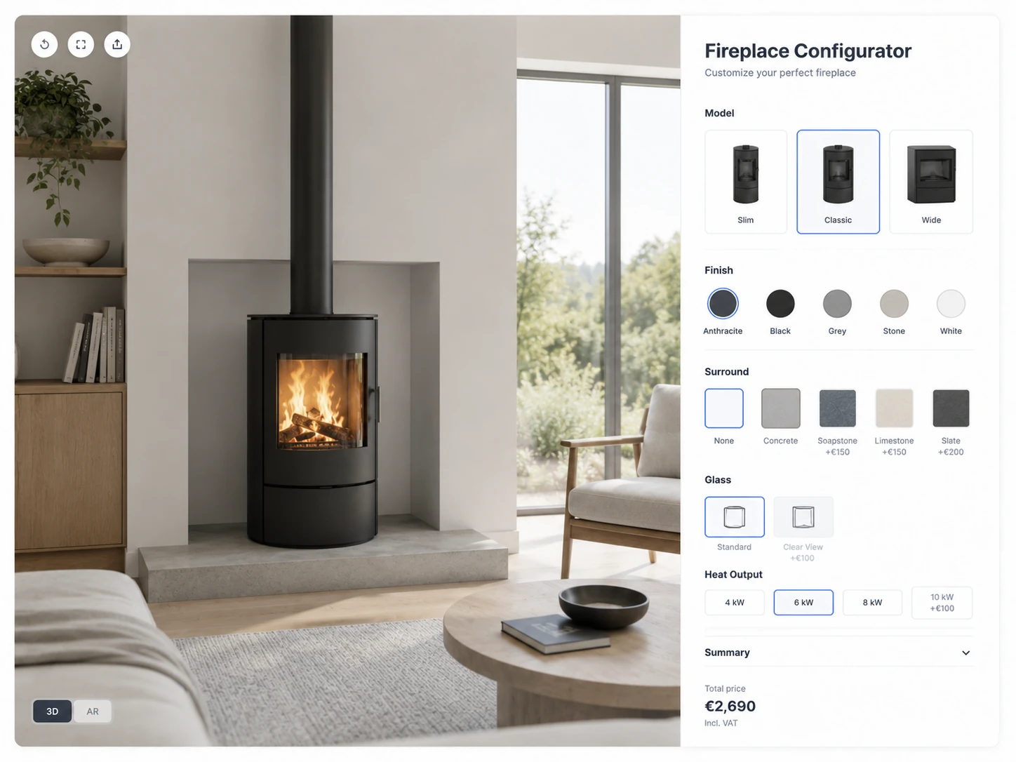 ConfigUX fireplaces configurator concept with model, installation, surround and finish