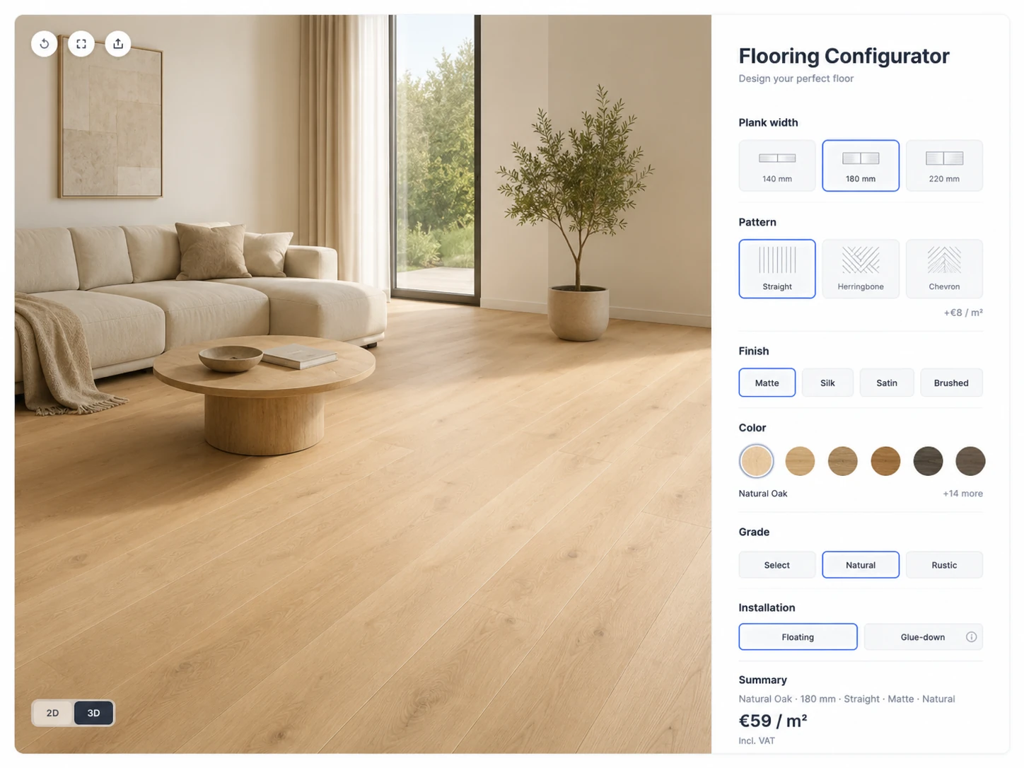 ConfigUX flooring configurator concept with material, pattern, tone and room coverage