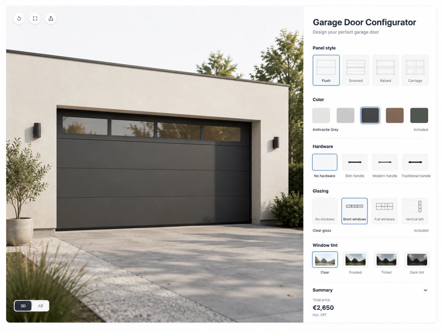 ConfigUX garage doors configurator concept with panel, colour, windows, tracks and controls
