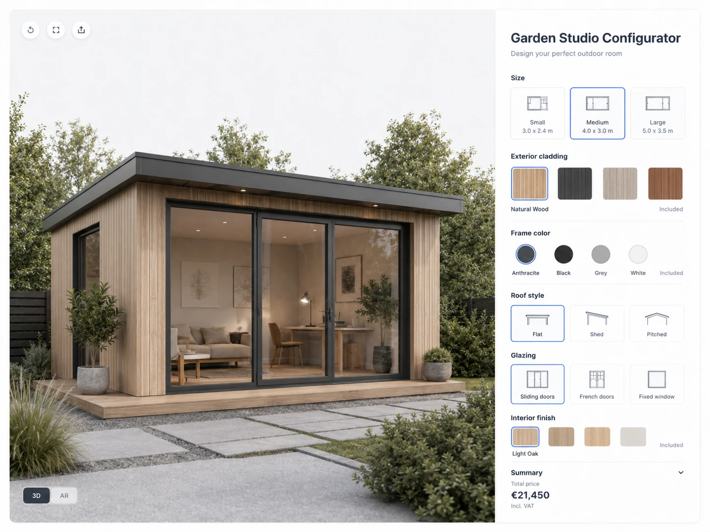 ConfigUX garden studios configurator concept with size, facade, doors, windows and interior
