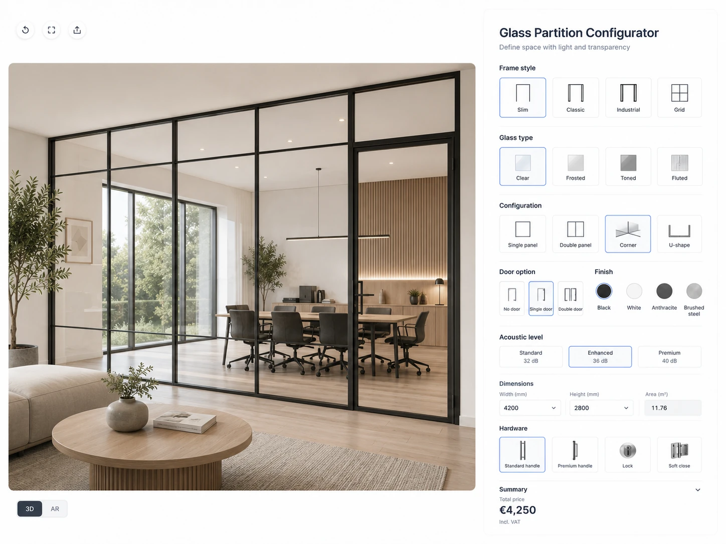 ConfigUX glass partitions configurator concept with layout, frames, doors and glass