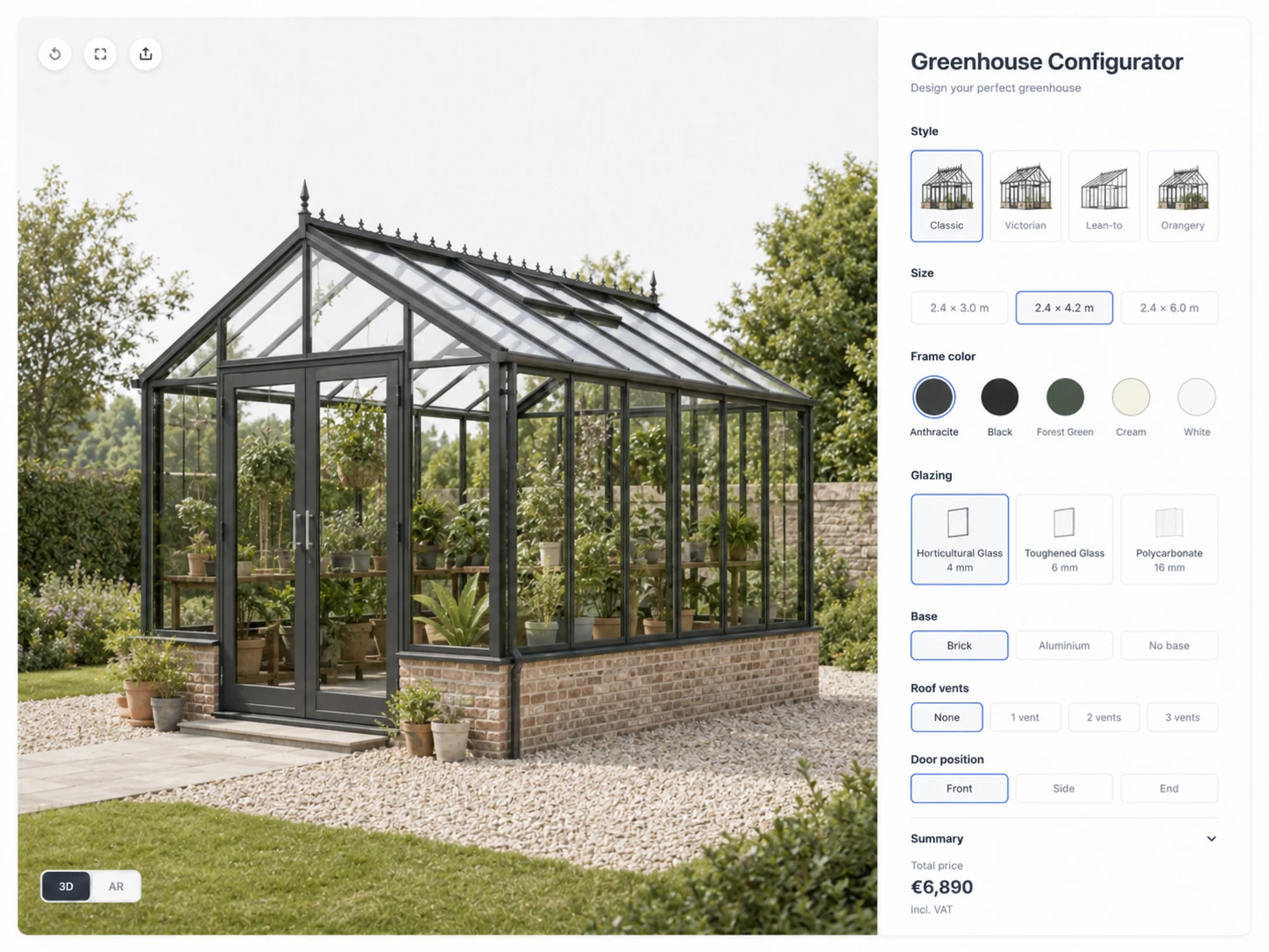 ConfigUX greenhouses configurator concept with model, size, frame, glass and accessories