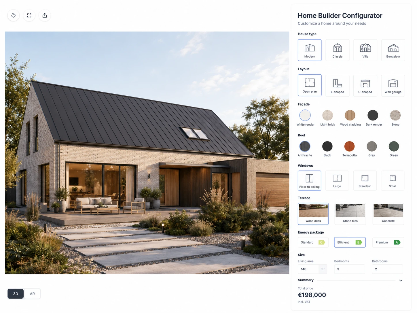 ConfigUX custom homes configurator concept with house type, layout, facade, roof and windows
