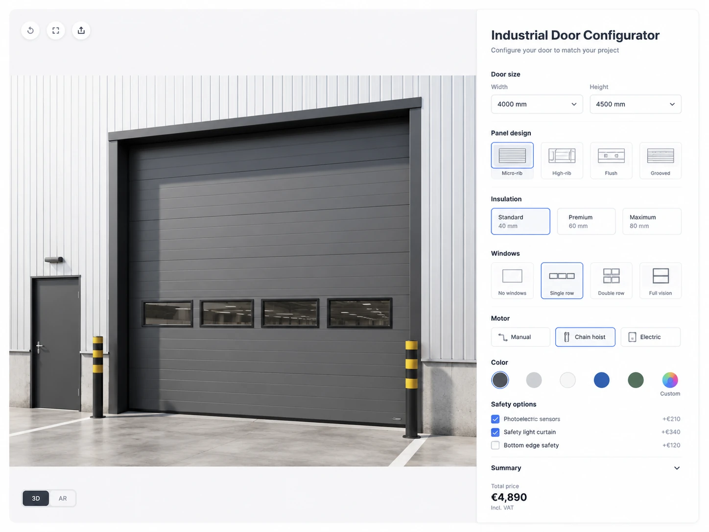 ConfigUX industrial doors configurator concept with type, dimensions, panels, windows and controls