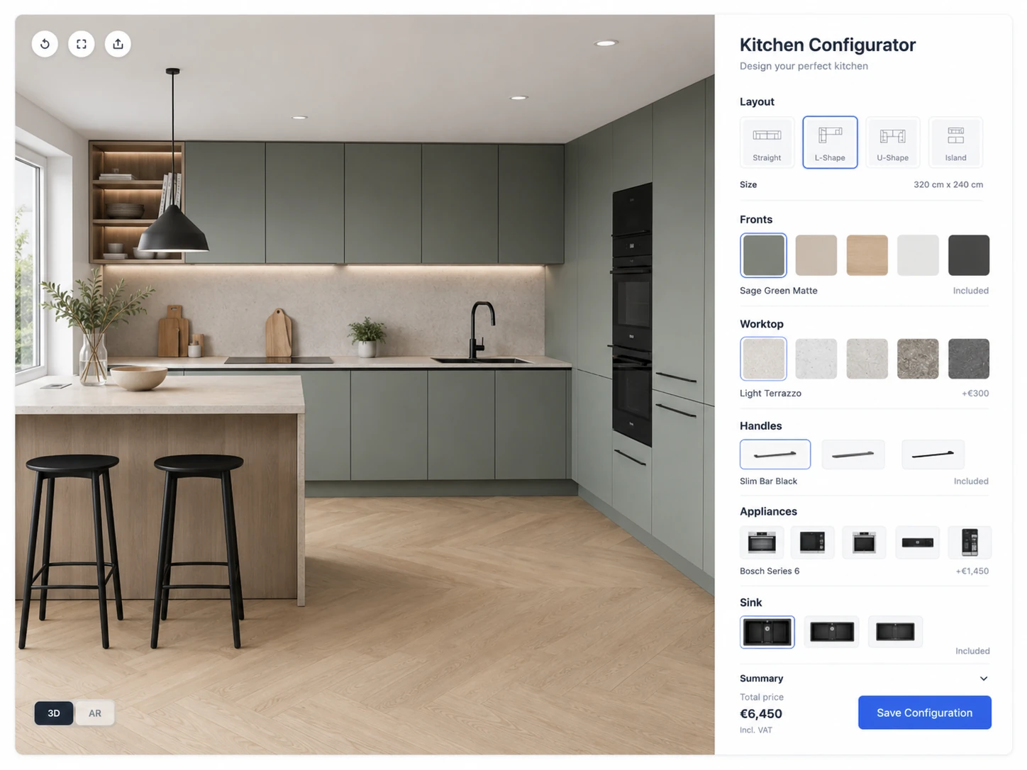 ConfigUX kitchens configurator concept with layout, fronts, worktops and appliances