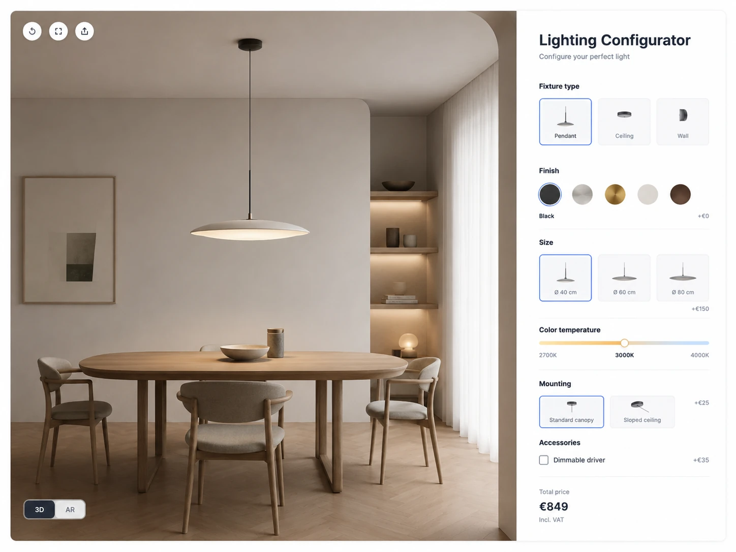 ConfigUX lighting configurator concept with fixture, finish, light output and control