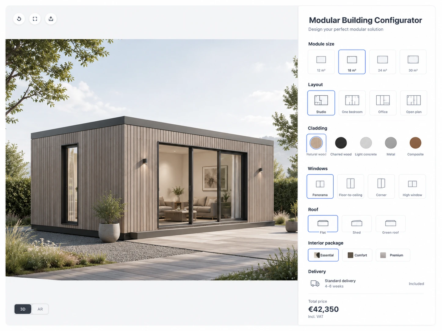ConfigUX modular buildings configurator concept with modules, layout, facade, services and finish