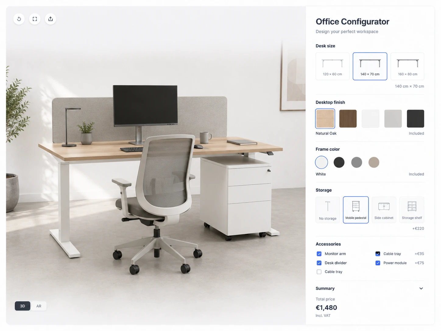 ConfigUX office desks configurator concept with size, frame, worktop, storage and accessories