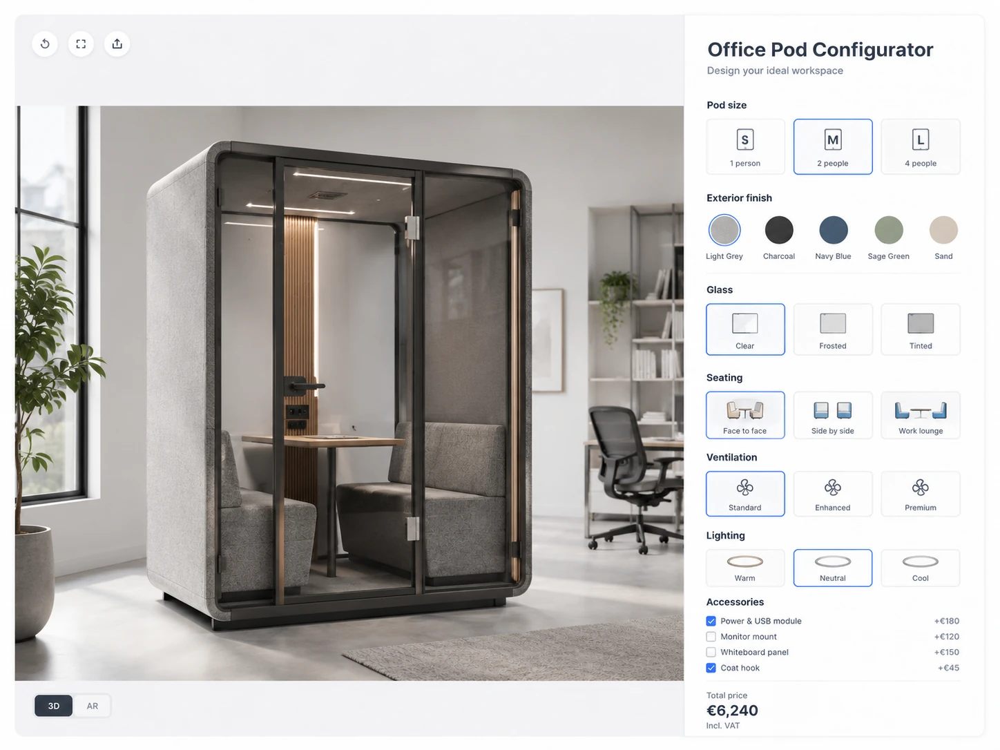 ConfigUX office pods configurator concept with size, glass, interior, ventilation and power