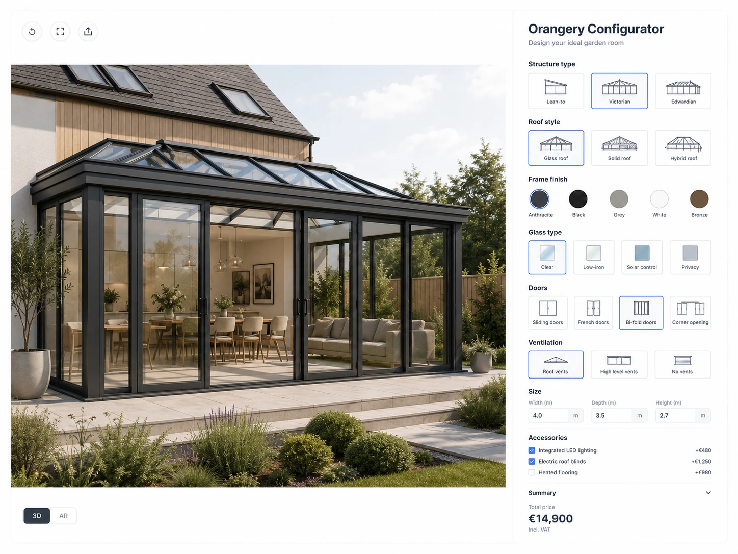 ConfigUX orangeries configurator concept with roof, frame, doors and glazing