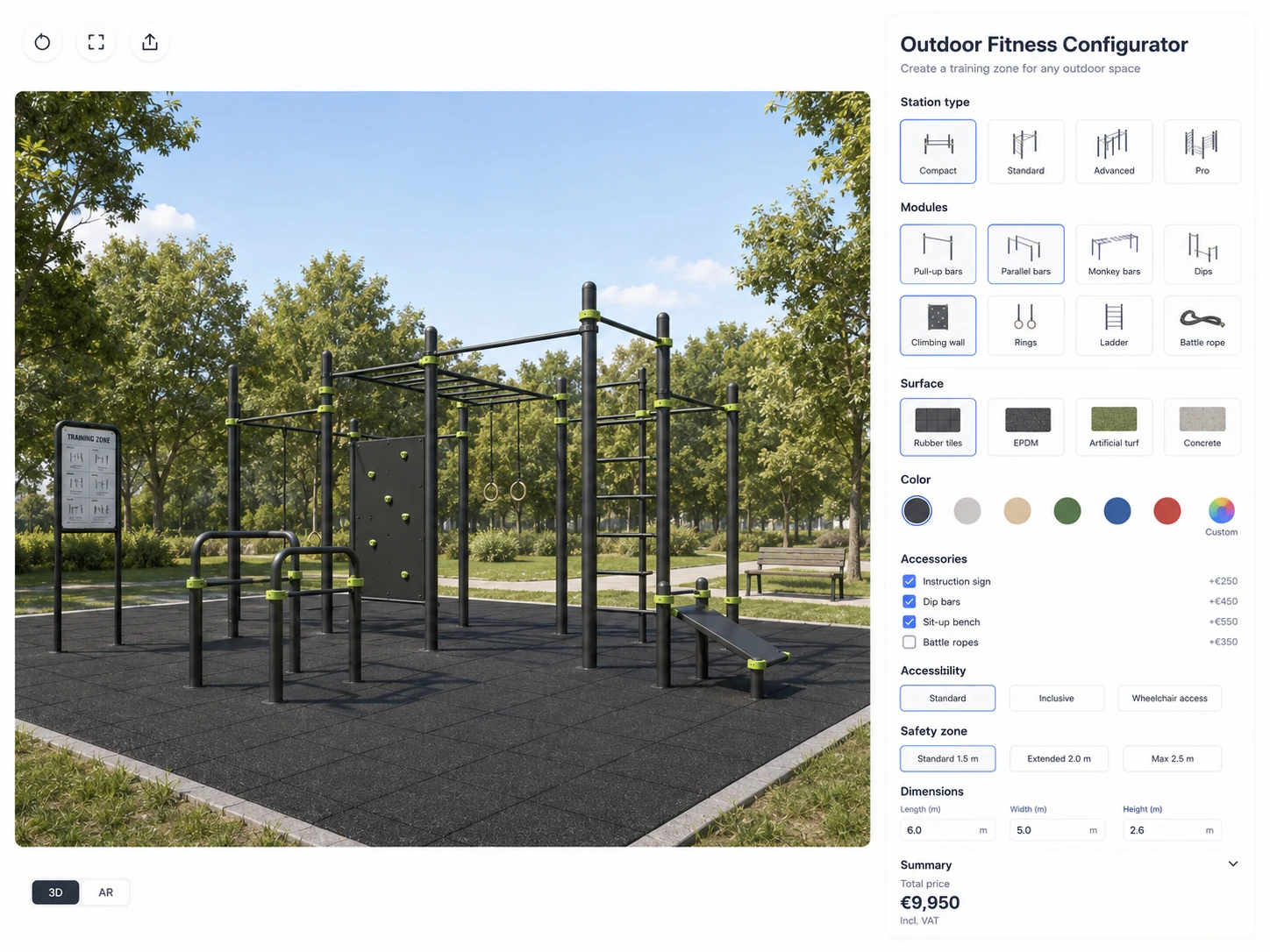 ConfigUX outdoor fitness areas configurator concept with equipment, layout, colours and safety surface
