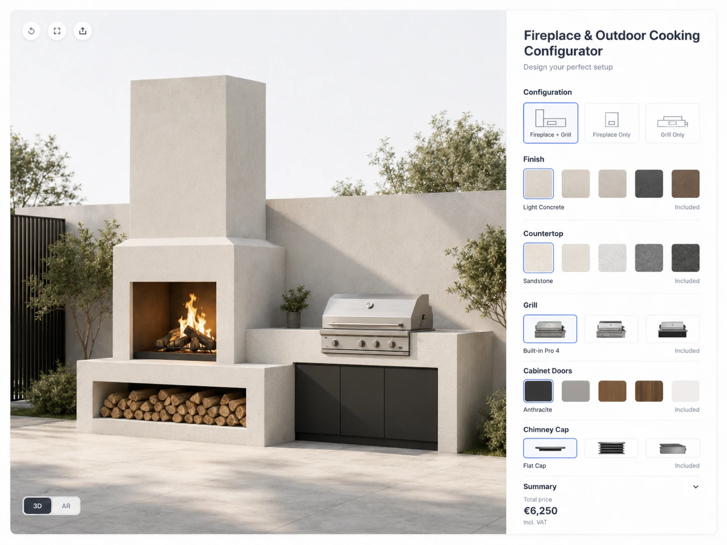 ConfigUX outdoor kitchens configurator concept with modules, surfaces, appliances and fireplace