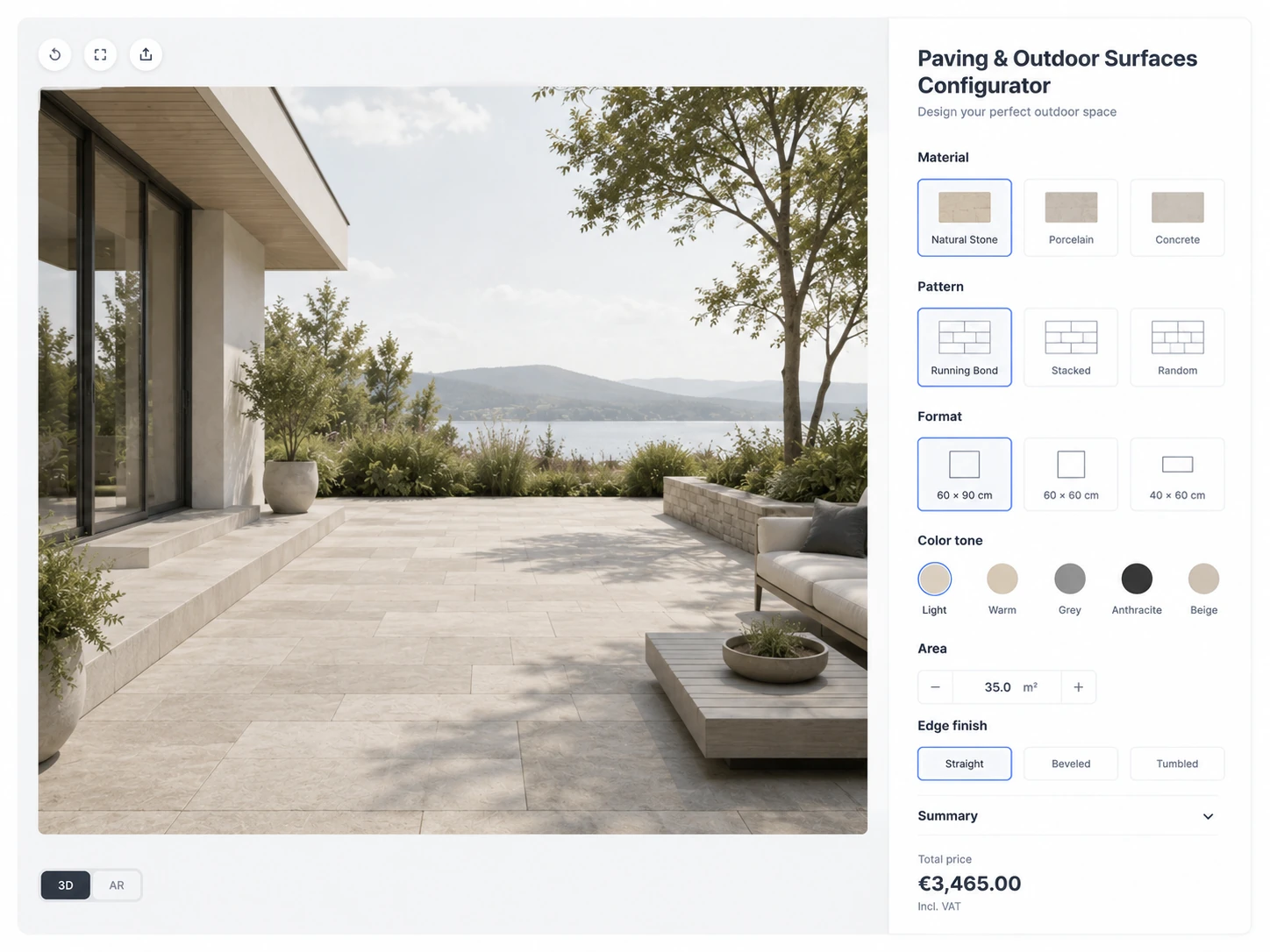 ConfigUX paving and outdoor surfaces configurator concept with material, pattern, colour and edging