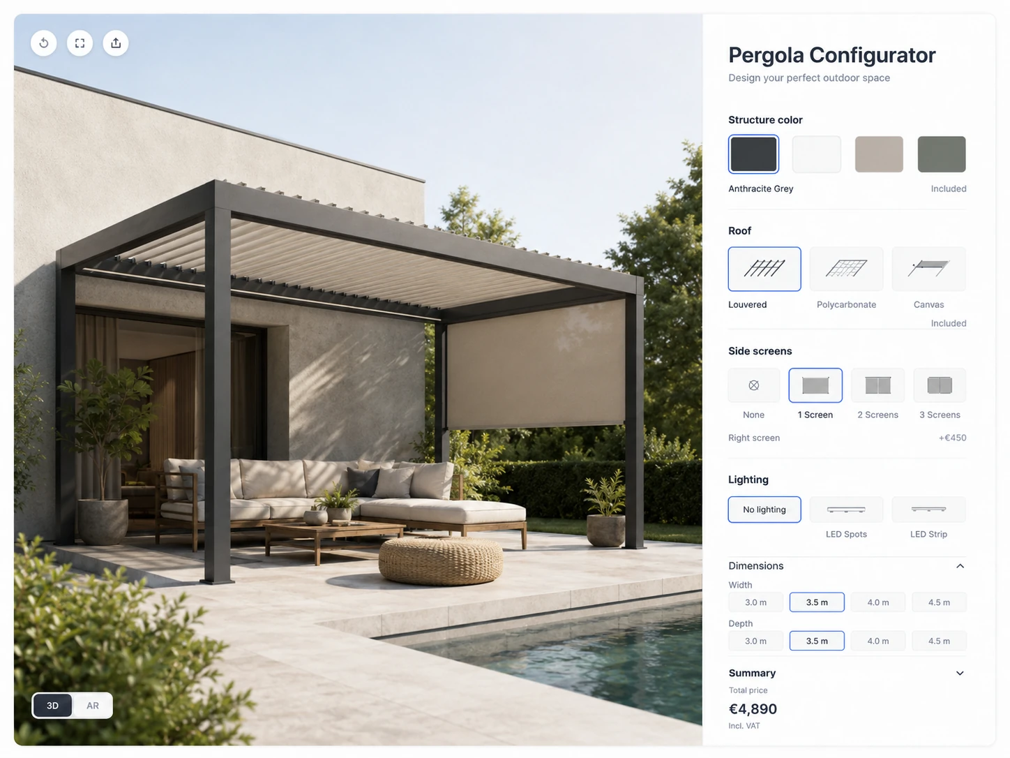 Pergola configurator concept for outdoor and architectural products