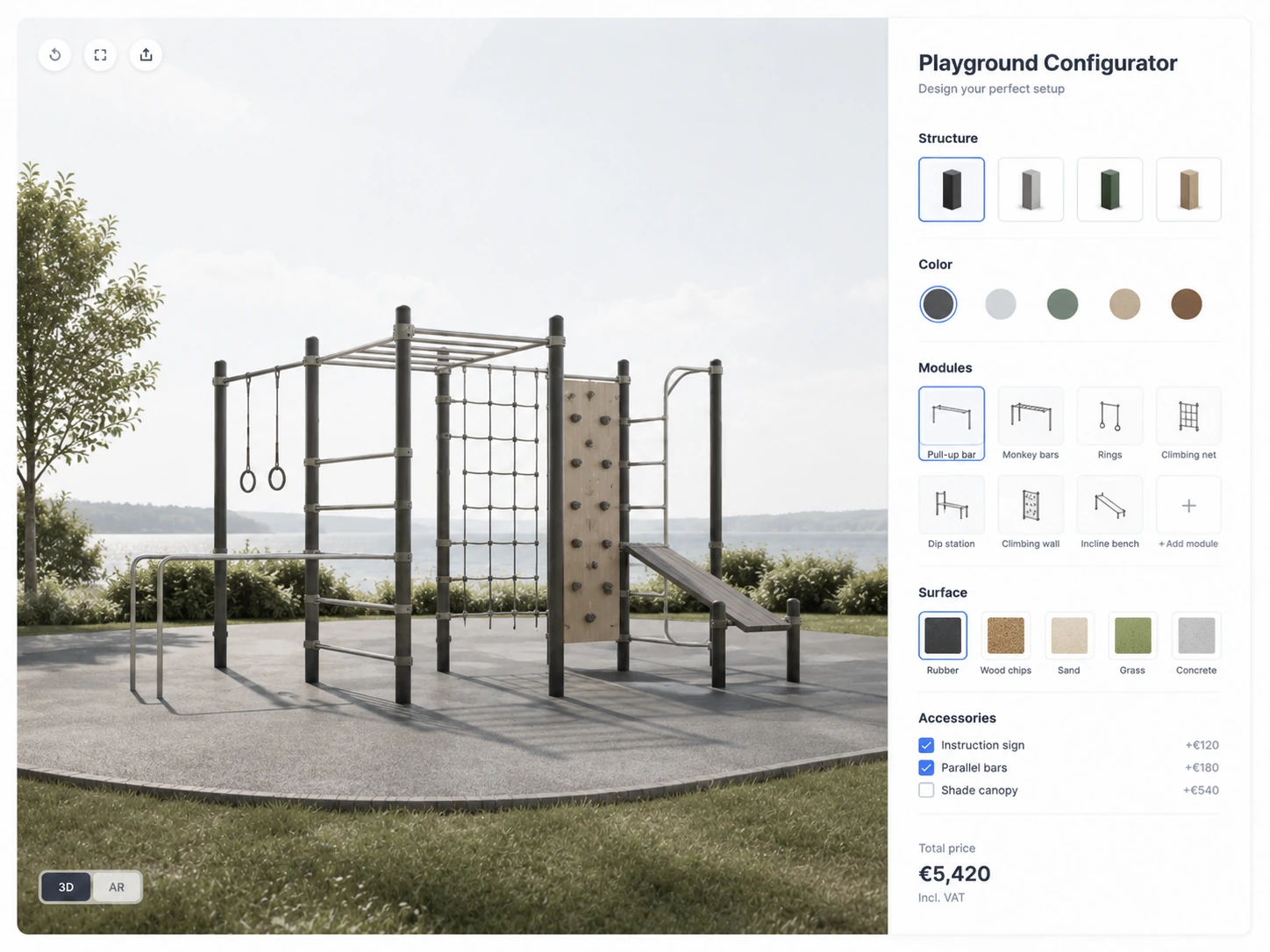 ConfigUX playgrounds configurator concept with structures, layout, colours and safety surface