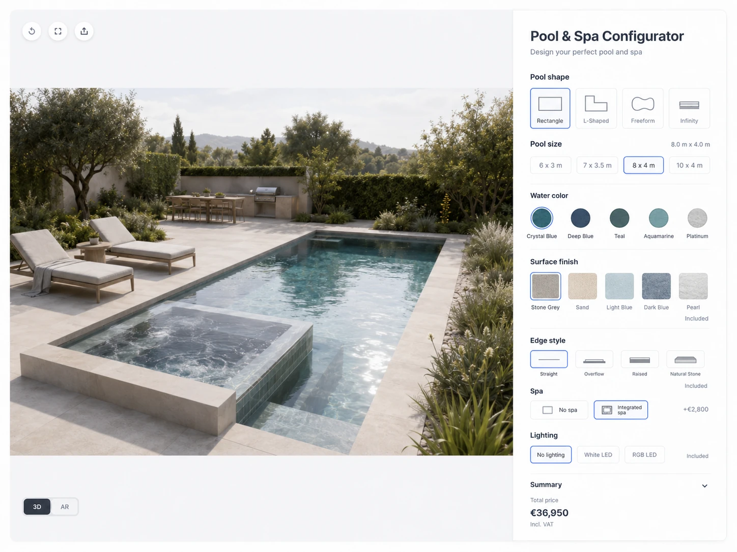 ConfigUX pools and spas configurator concept with size, shape, finish and equipment