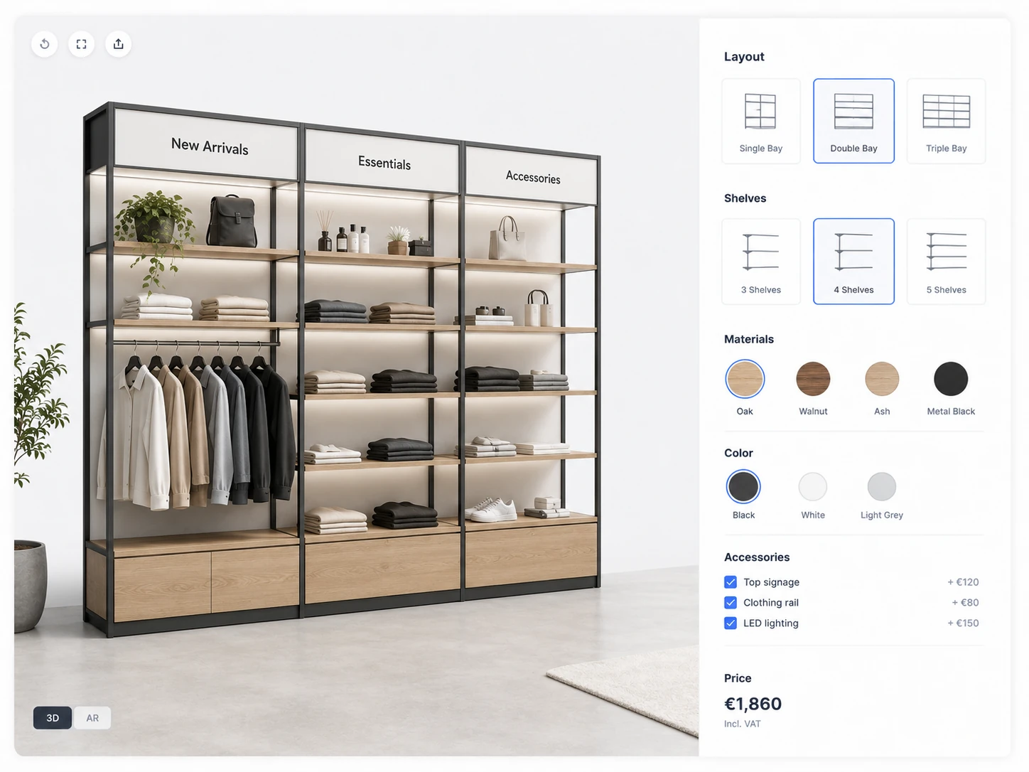 ConfigUX retail shelving configurator concept with layout, modules, materials and accessories