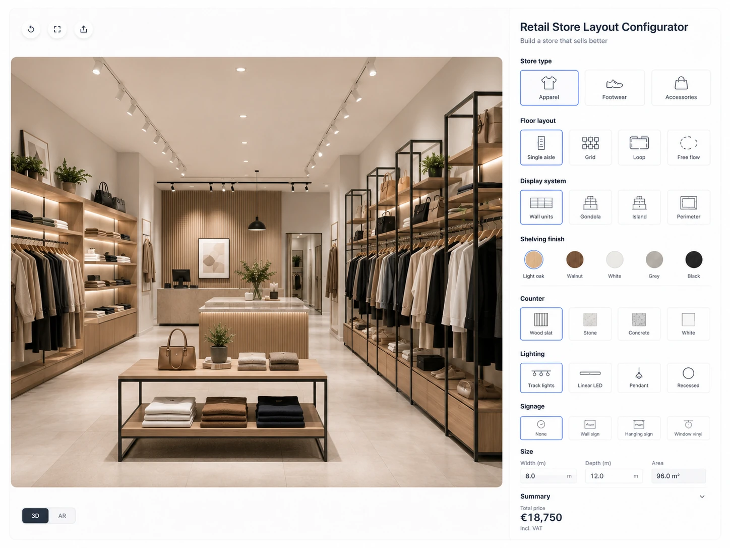 ConfigUX retail environments configurator concept with layout, fixtures, shelving and lighting