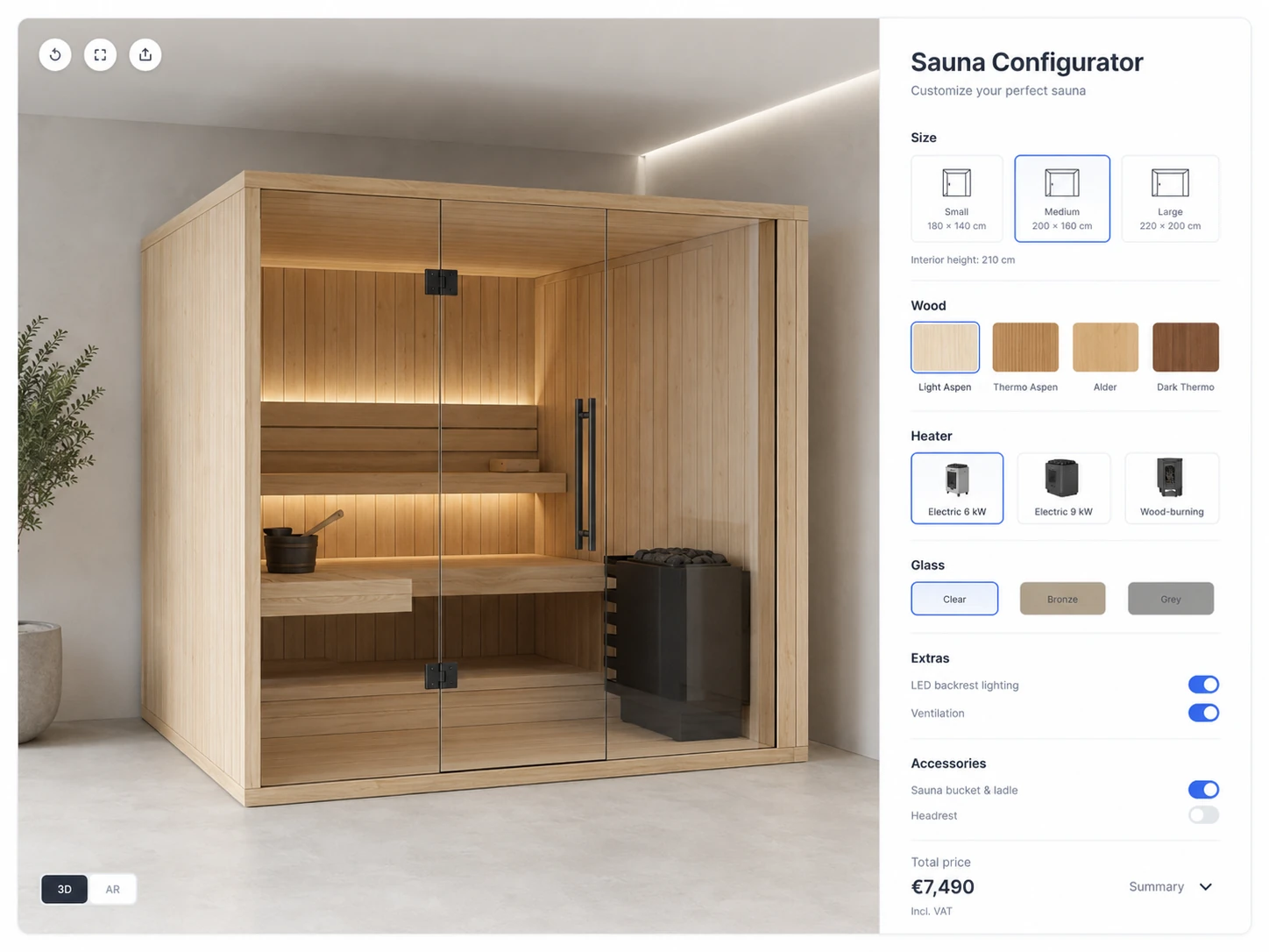 ConfigUX saunas configurator concept with model, size, wood, heater and accessories