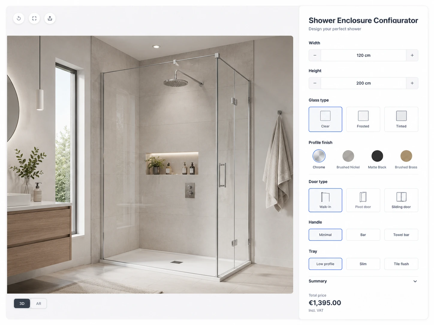 ConfigUX shower enclosures configurator concept with layout, dimensions, glass and hardware