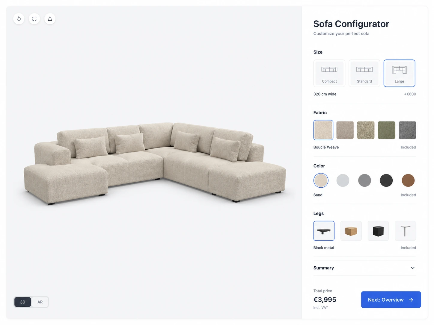 Photorealistic modular sofa in a 3D configurator with size, fabric, colour and leg controls
