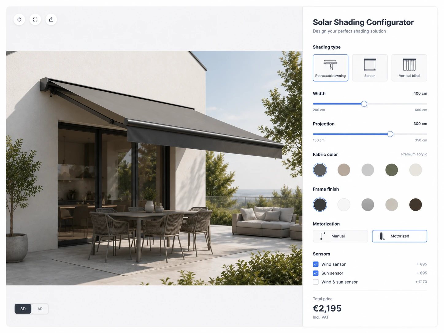 ConfigUX solar shading configurator concept with system, dimensions, fabric and controls