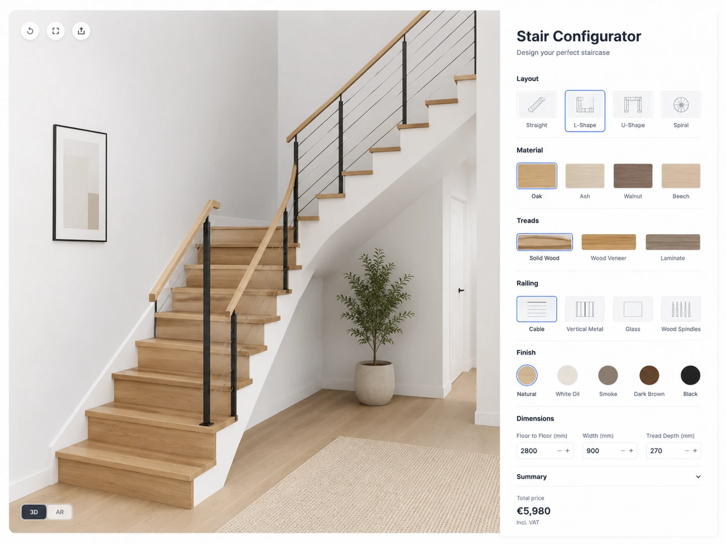 ConfigUX staircases configurator concept with shape, timber, steps, railing and dimensions