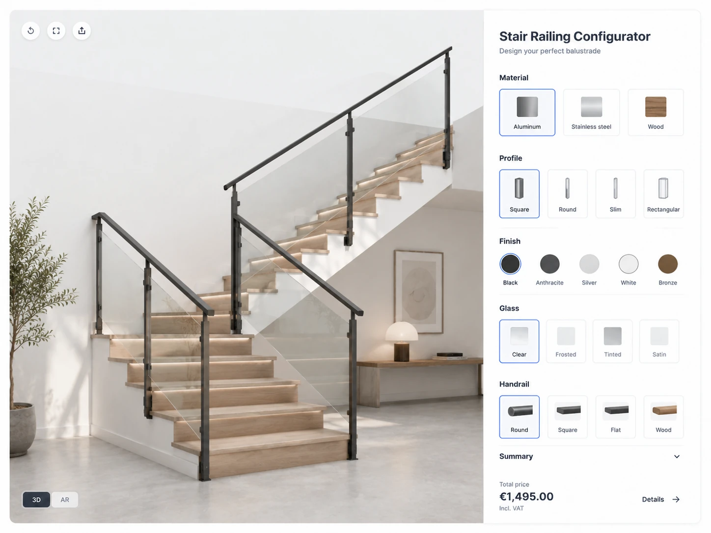 ConfigUX stair railings configurator concept with posts, handrail, infill, material and finish