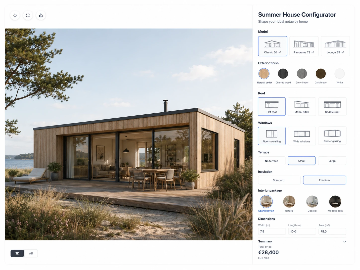 ConfigUX summer houses configurator concept with house type, layout, facade, roof and windows