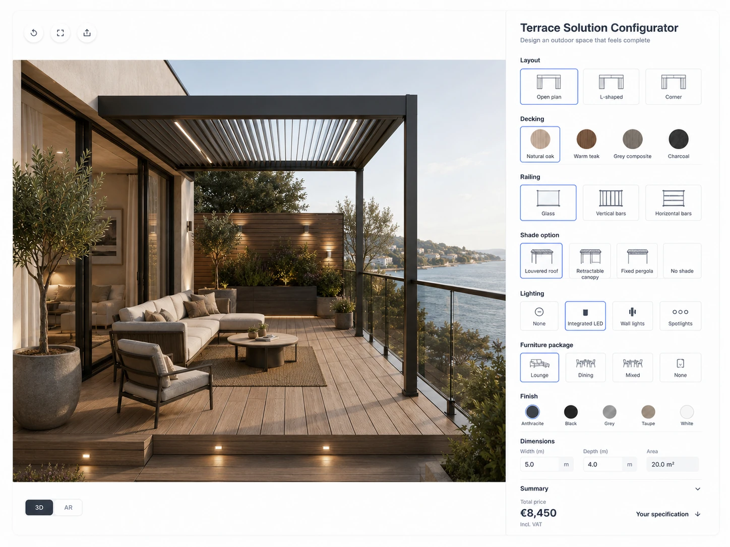 Photorealistic terrace configurator with a fixed product scene and clear material, railing and lighting choices