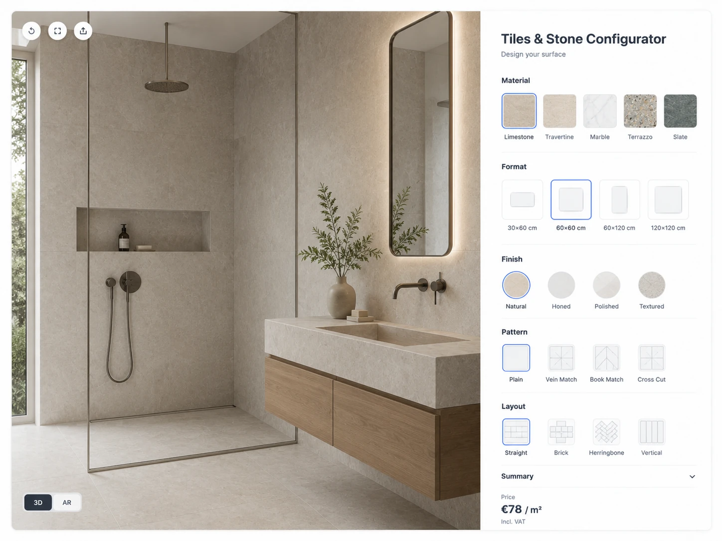 ConfigUX tiles and stone configurator concept with material, format, colour, pattern and grout