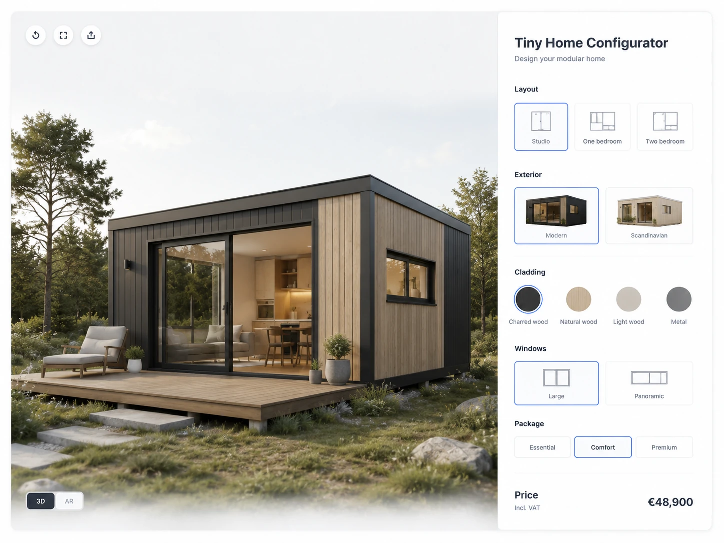 ConfigUX tiny homes configurator concept with layout, facade, interior, utilities and delivery