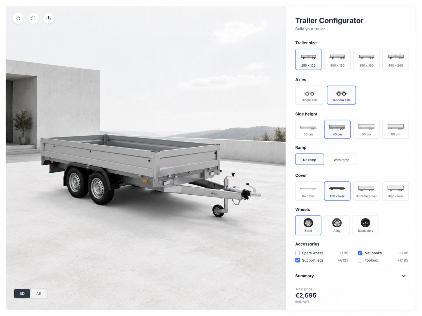 ConfigUX trailers configurator concept with body, size, axles, sides and accessories
