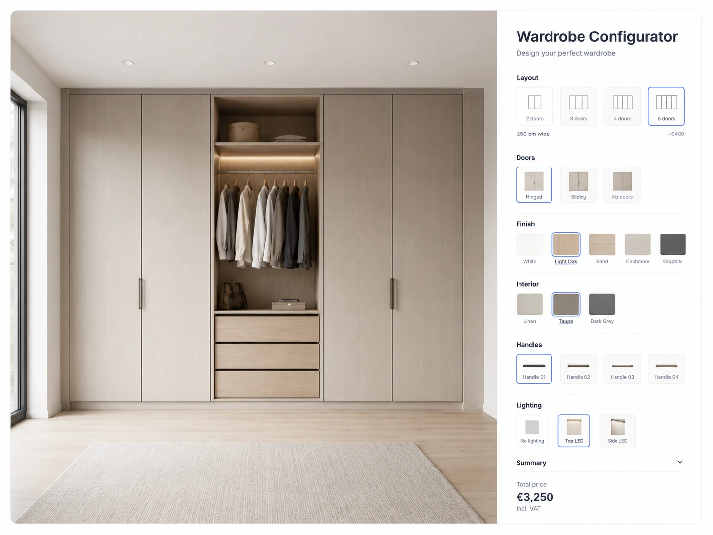 ConfigUX wardrobes configurator concept with size, doors, material, colour and interior