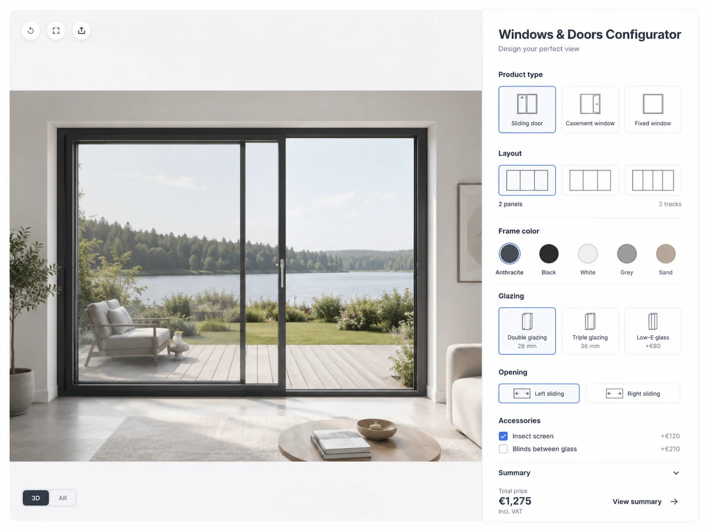 ConfigUX windows and doors configurator concept with type, dimensions, frame, glass and hardware