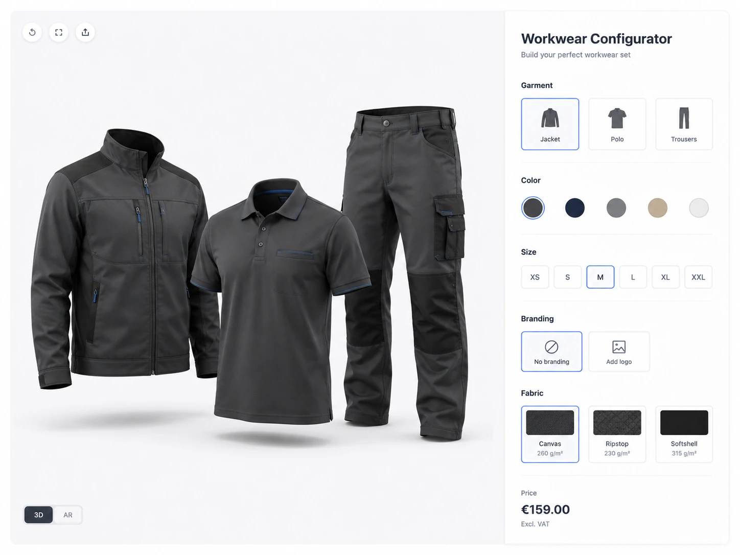 ConfigUX workwear collections configurator concept with garments, colours, sizes and branding