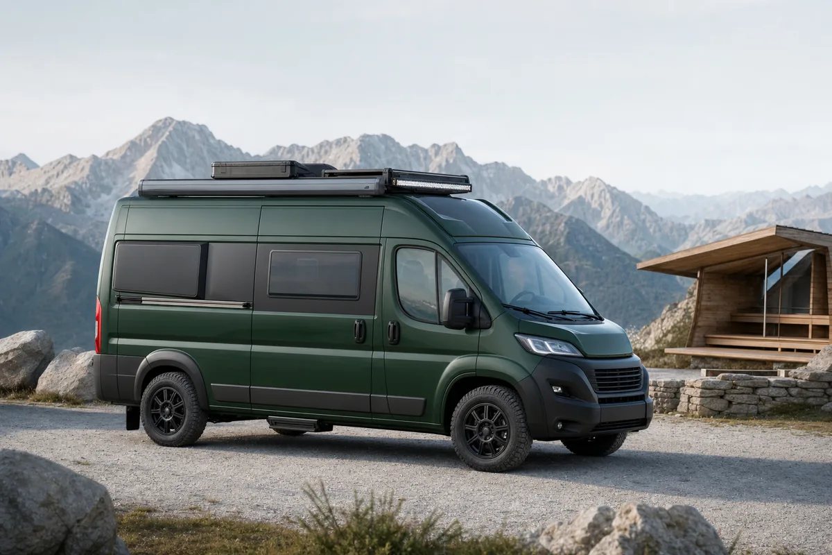 Illustrative configurable campervan concept in an Alpine landscape