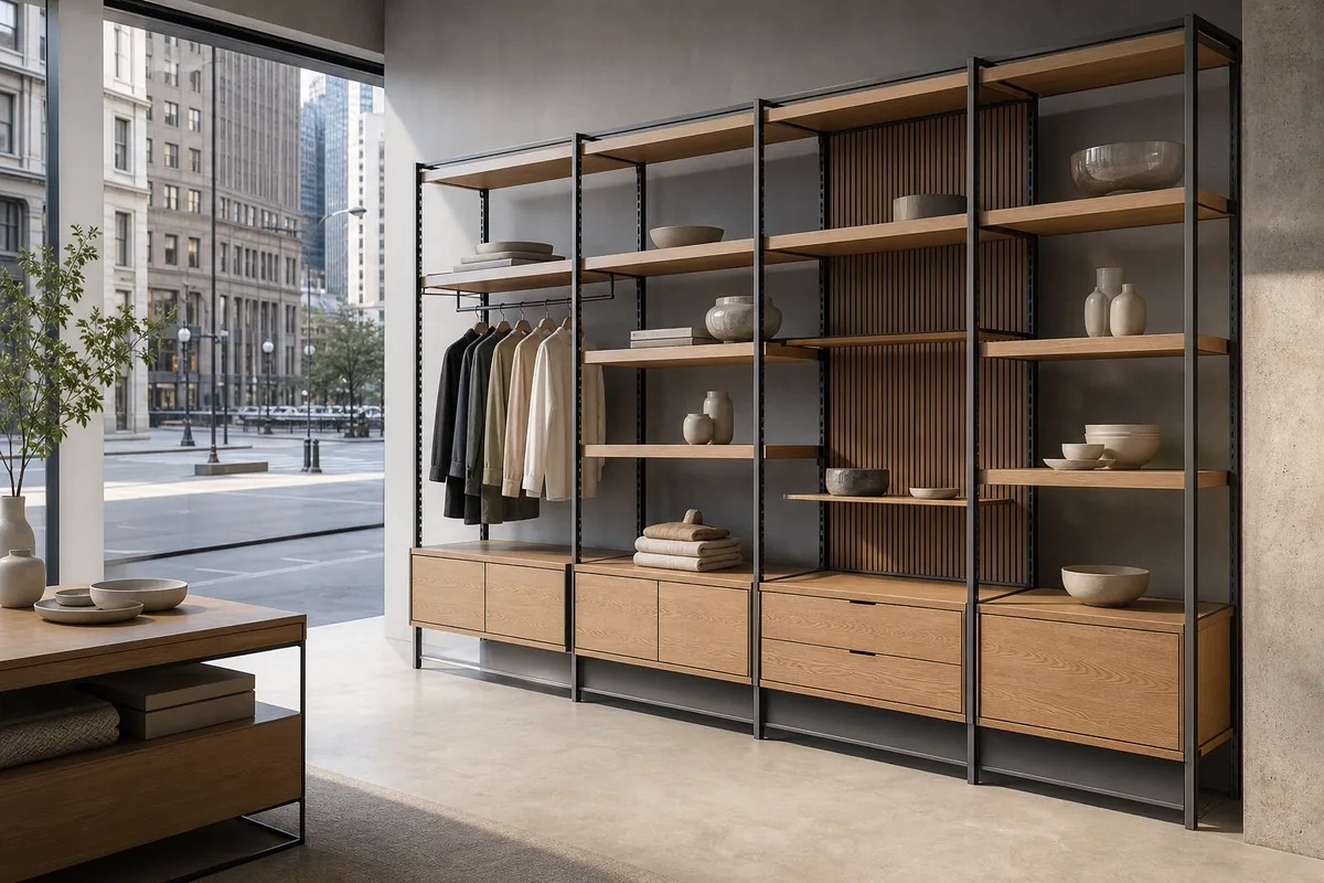 Illustrative configurable retail shelving system in a New York showroom