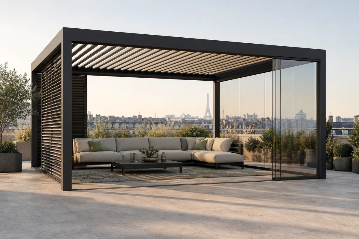 Illustrative configurable pergola concept on a Paris rooftop with the Eiffel Tower in the distance