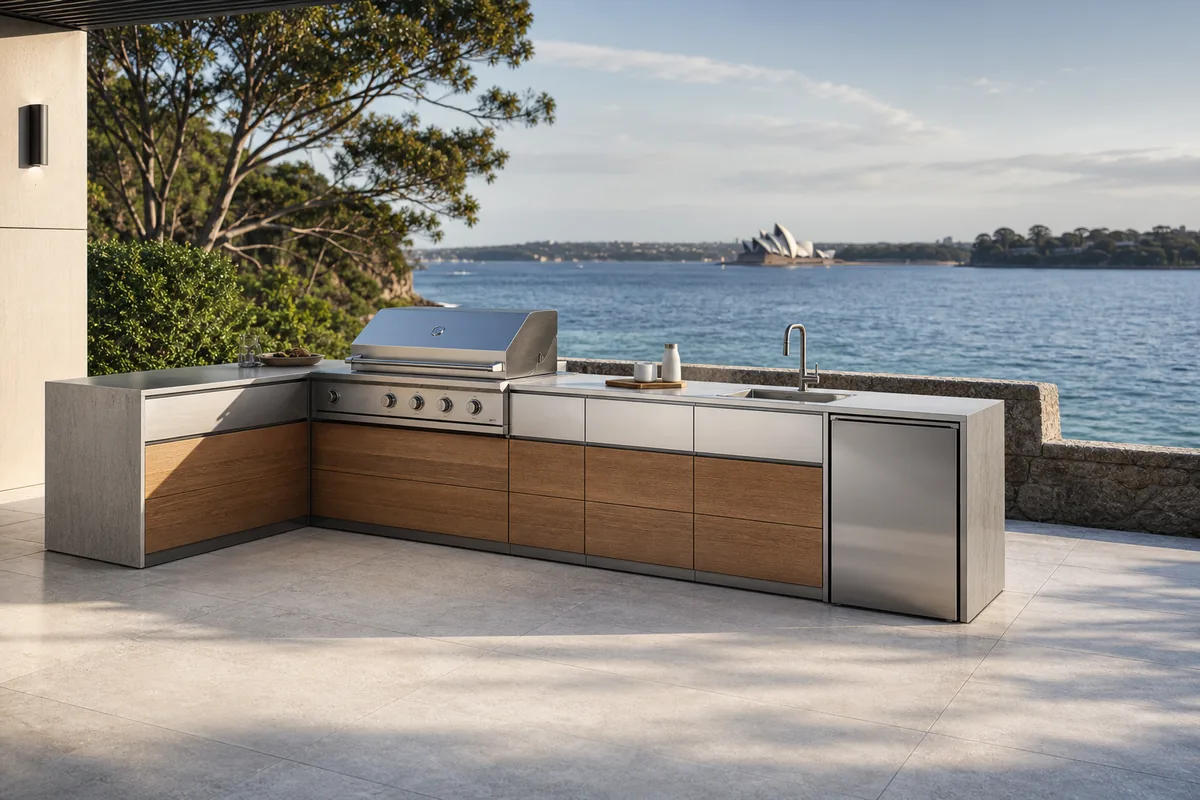 Illustrative configurable outdoor kitchen beside Sydney Harbour