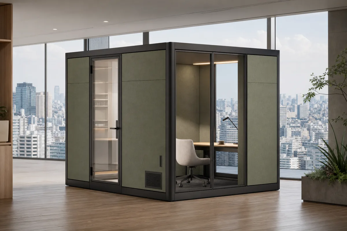 Illustrative configurable acoustic office pod in a Tokyo workspace