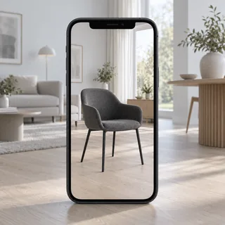 A phone visualising the charcoal chair in a bright living room.