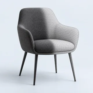 A charcoal upholstered chair shown half realistic and half wireframe.