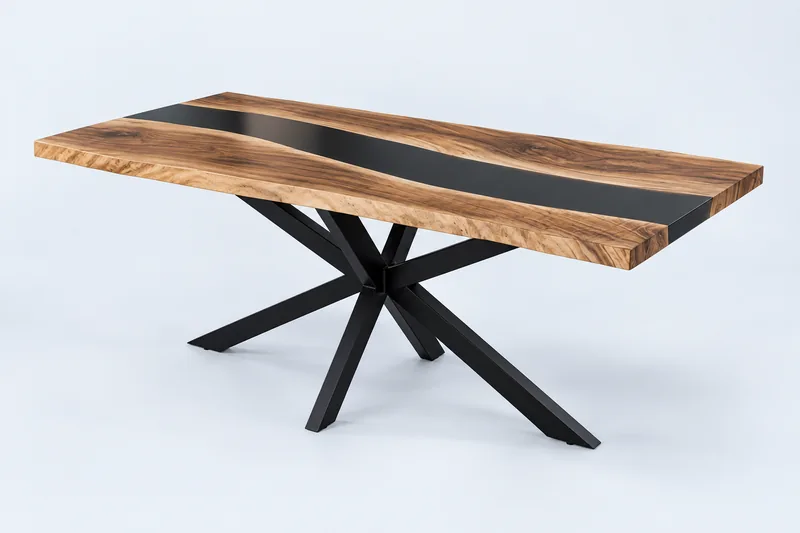 Walnut Epoxy Table with a black resin river and black spider legs.