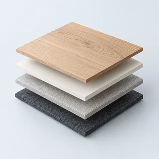 Oak, board, upholstery and felt shown as separate material layers.