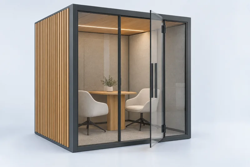 Illustrative oak and glass office pod for comparing product finishes.
